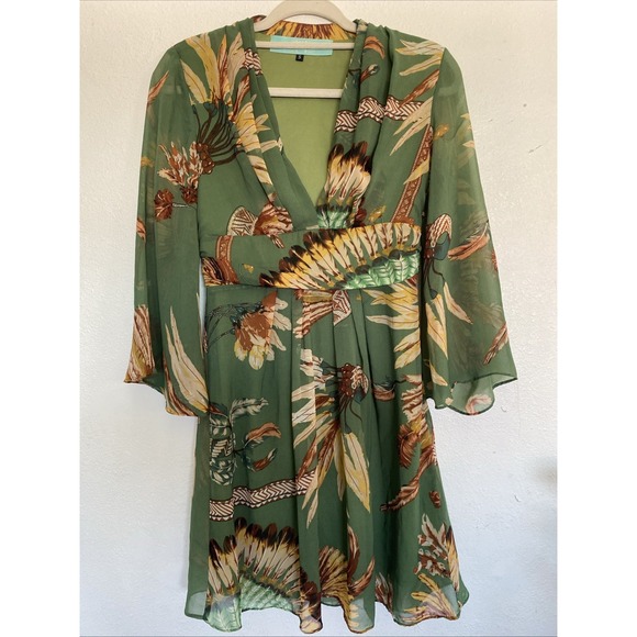 Bloomsbury‎ Feather Native Print Green Dress Kimono Sleeve Sz Small - Picture 1 of 12